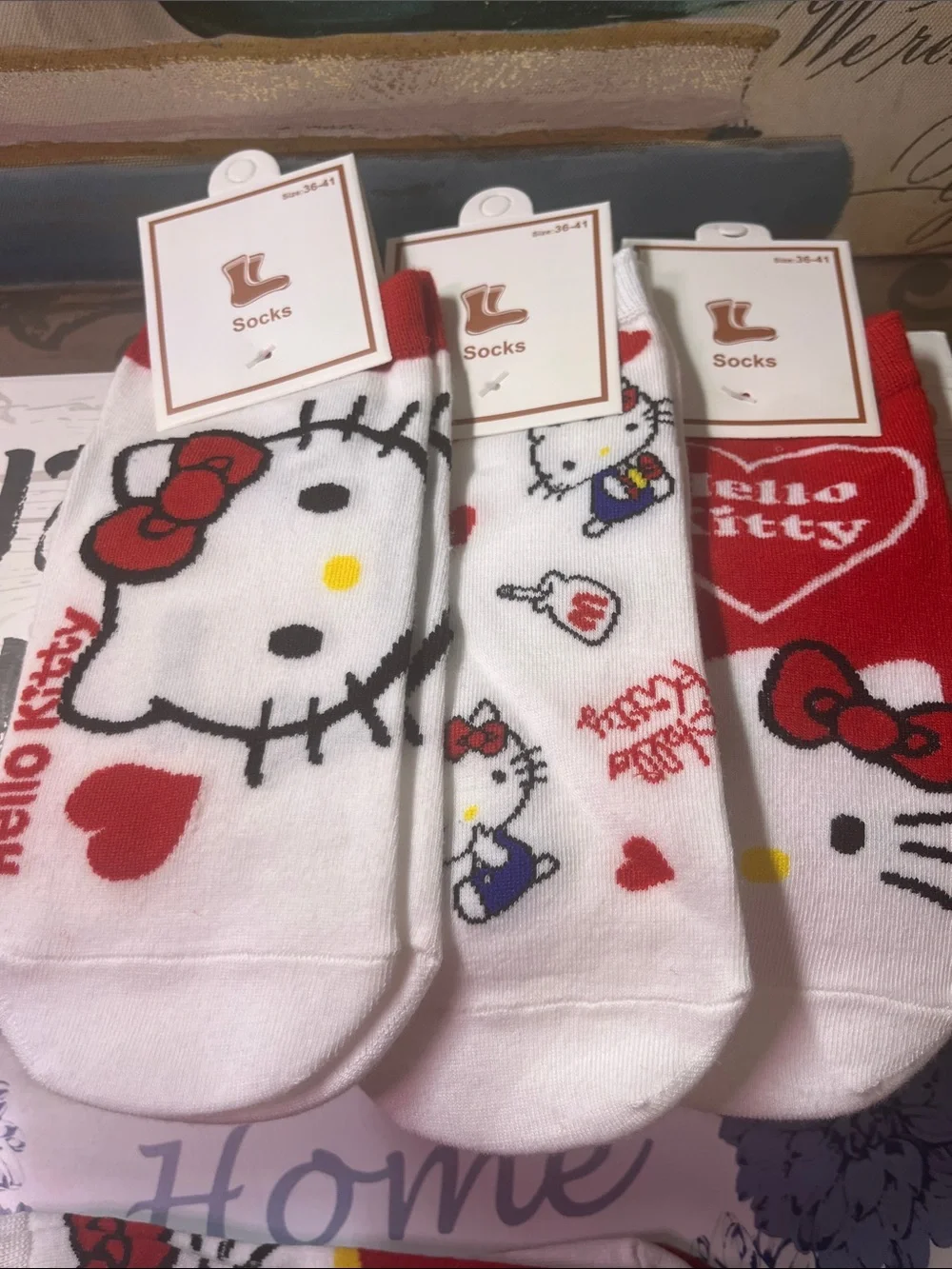 Hello Kitty Socks Set — White, Red & Yellow Cute Character Trio